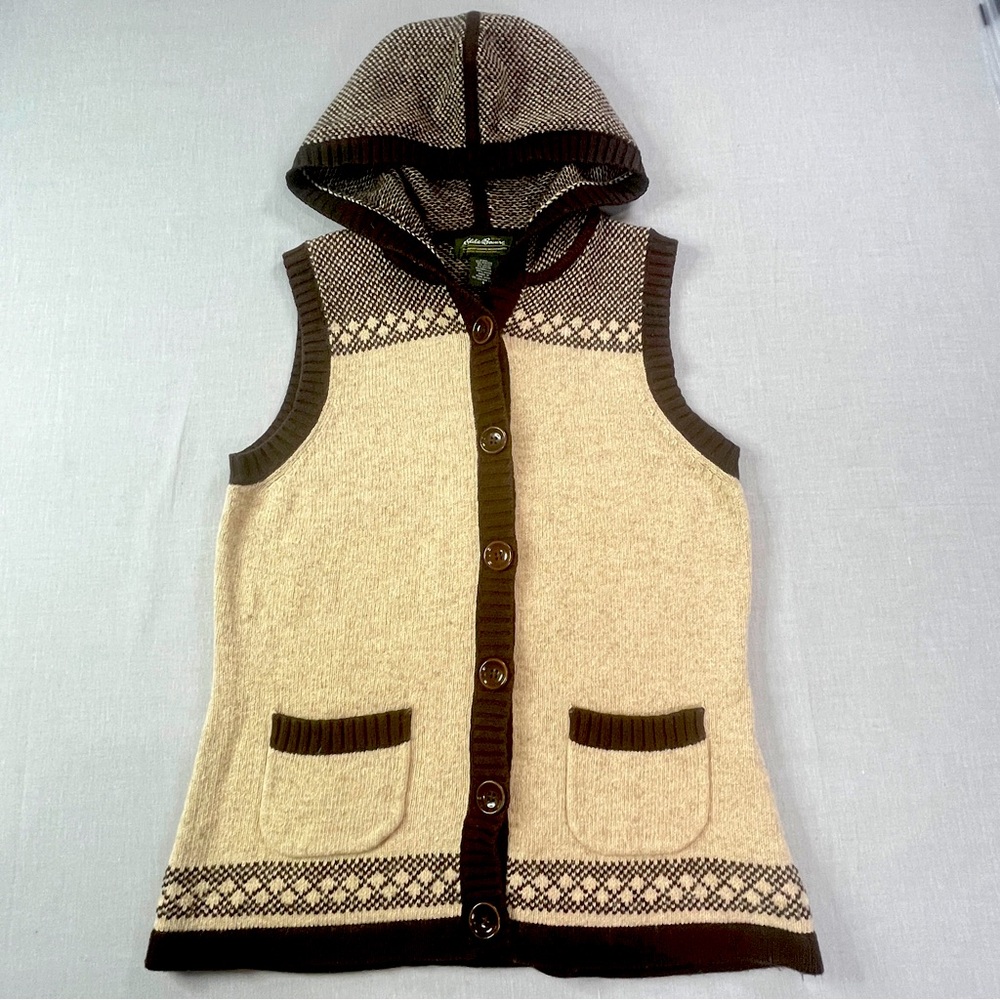 Eddie Bauer Sweater Vest Beige Brown Women’s Small Hooded Tree Embroidery
